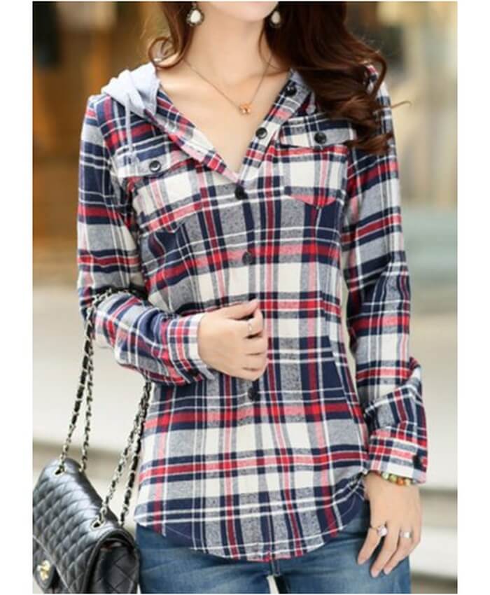 Hooded Collar Button Up Plaid Print Blouse
